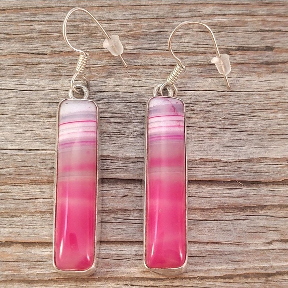 Silver Long Rectangle Pink Agate Bezel Set Dangle Earrings